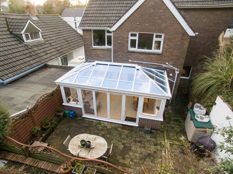 aerial view of white upvc edwardian conservatory
