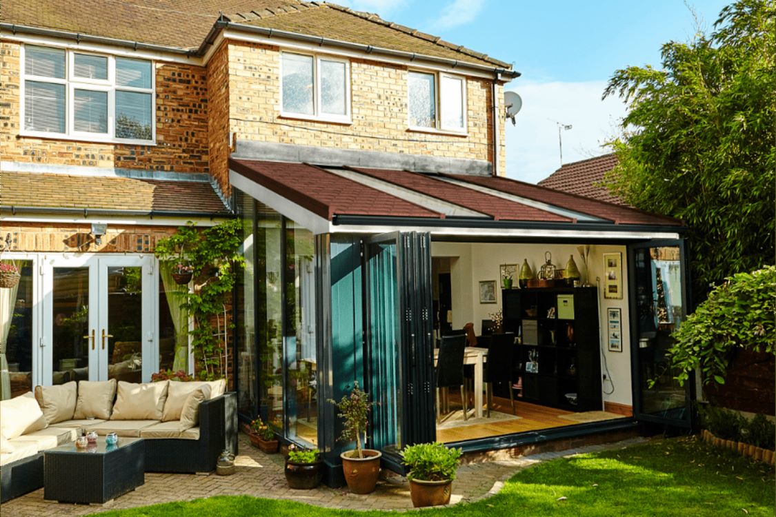 ultraroof extension with open bifold doors