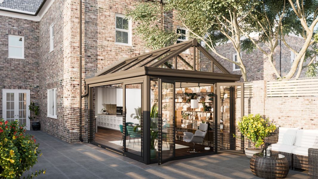 gable end conservatory with sliding doors and french doors
